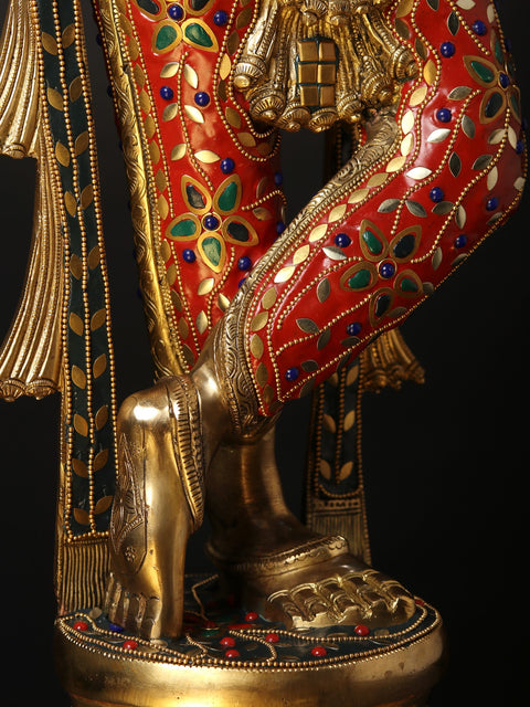 36" Large Fluting Krishna Idol with Fascinating Crown | Brass Statue with Inlay Work