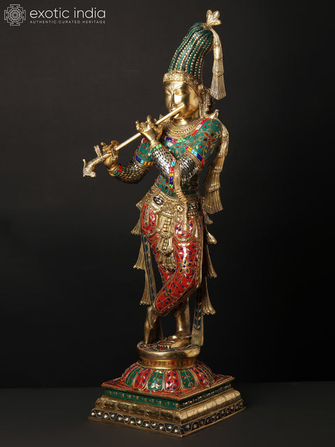 36" Large Fluting Krishna Idol with Fascinating Crown | Brass Statue with Inlay Work