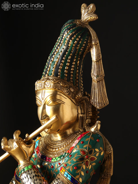 36" Large Fluting Krishna Idol with Fascinating Crown | Brass Statue with Inlay Work