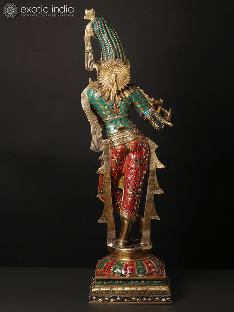 36" Large Fluting Krishna Idol with Fascinating Crown | Brass Statue with Inlay Work