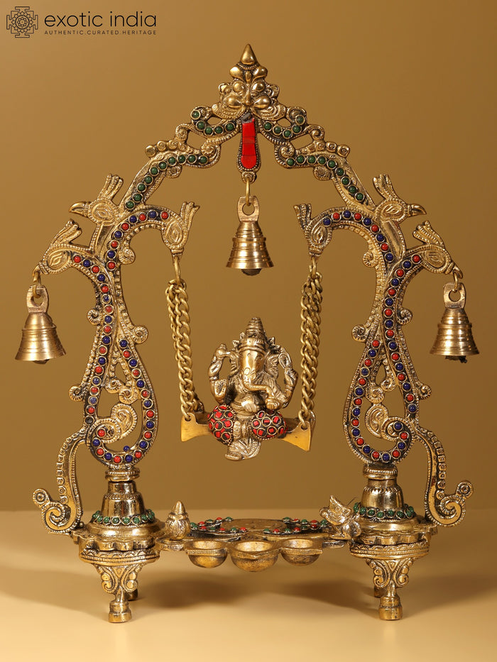 14" Lord Ganesha on Swing Brass Statue with Lamps and Bells