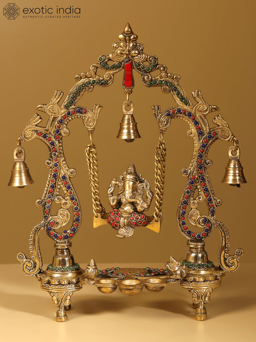 14" Lord Ganesha on Swing Brass Statue with Lamps and Bells