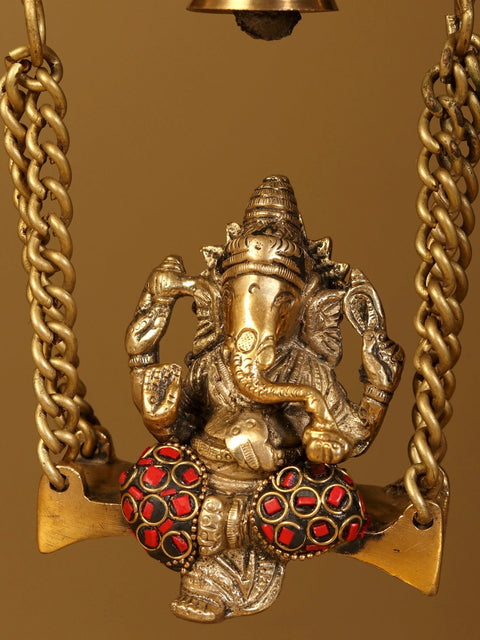 14" Lord Ganesha on Swing with Lamps and Bells | With Gift Box | Brass Statue with Inlay Work