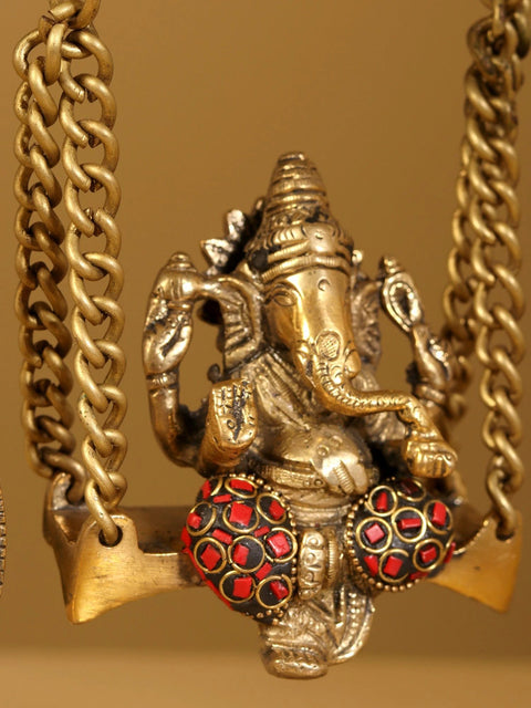 14" Lord Ganesha on Swing with Lamps and Bells | With Gift Box | Brass Statue with Inlay Work