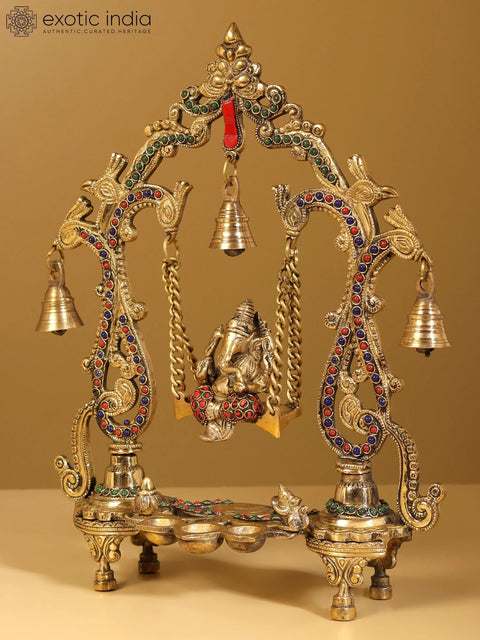 14" Lord Ganesha on Swing with Lamps and Bells | With Gift Box | Brass Statue with Inlay Work