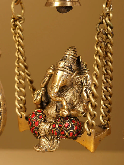 14" Lord Ganesha on Swing with Lamps and Bells | With Gift Box | Brass Statue with Inlay Work