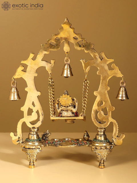 14" Lord Ganesha on Swing with Lamps and Bells | With Gift Box | Brass Statue with Inlay Work