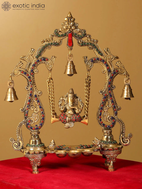 14" Lord Ganesha on Swing with Lamps and Bells | With Gift Box | Brass Statue with Inlay Work