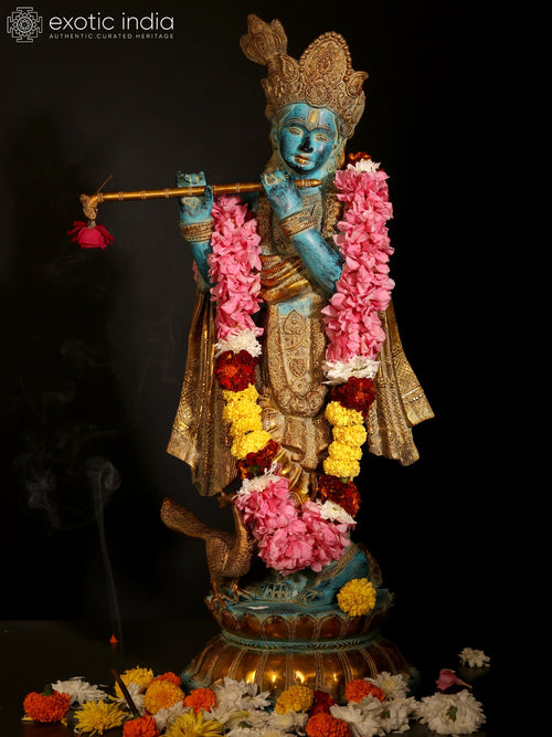 31" Lord Krishna Playing Flute Brass Statue for Home Decor