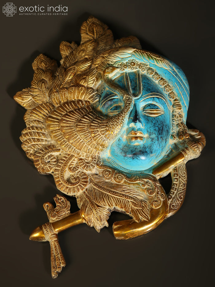 13" Brass Krishna Wall Hanging Mask with Flute