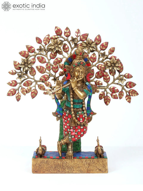 16" Krishna Playing Flute with Tree | Brass with Inlay Work