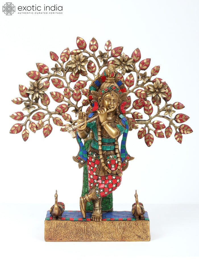 16" Krishna Playing Flute Brass Statue with Inlay Work