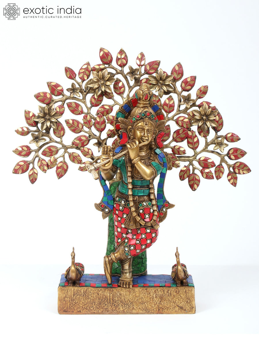 16" Krishna Playing Flute Brass Statue with Inlay Work