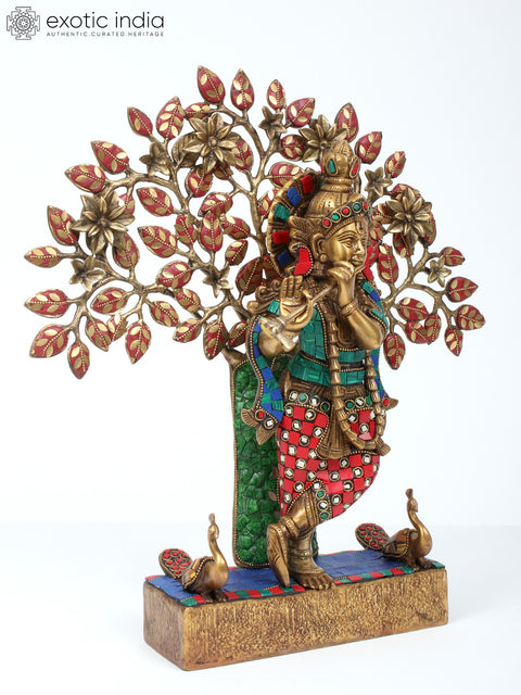 16" Krishna Playing Flute with Tree | Brass with Inlay Work