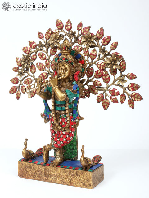 16" Krishna Playing Flute with Tree | Brass with Inlay Work