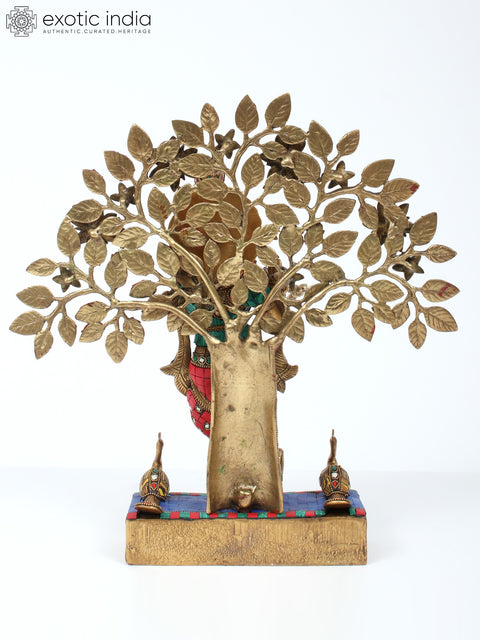16" Krishna Playing Flute with Tree | Brass with Inlay Work
