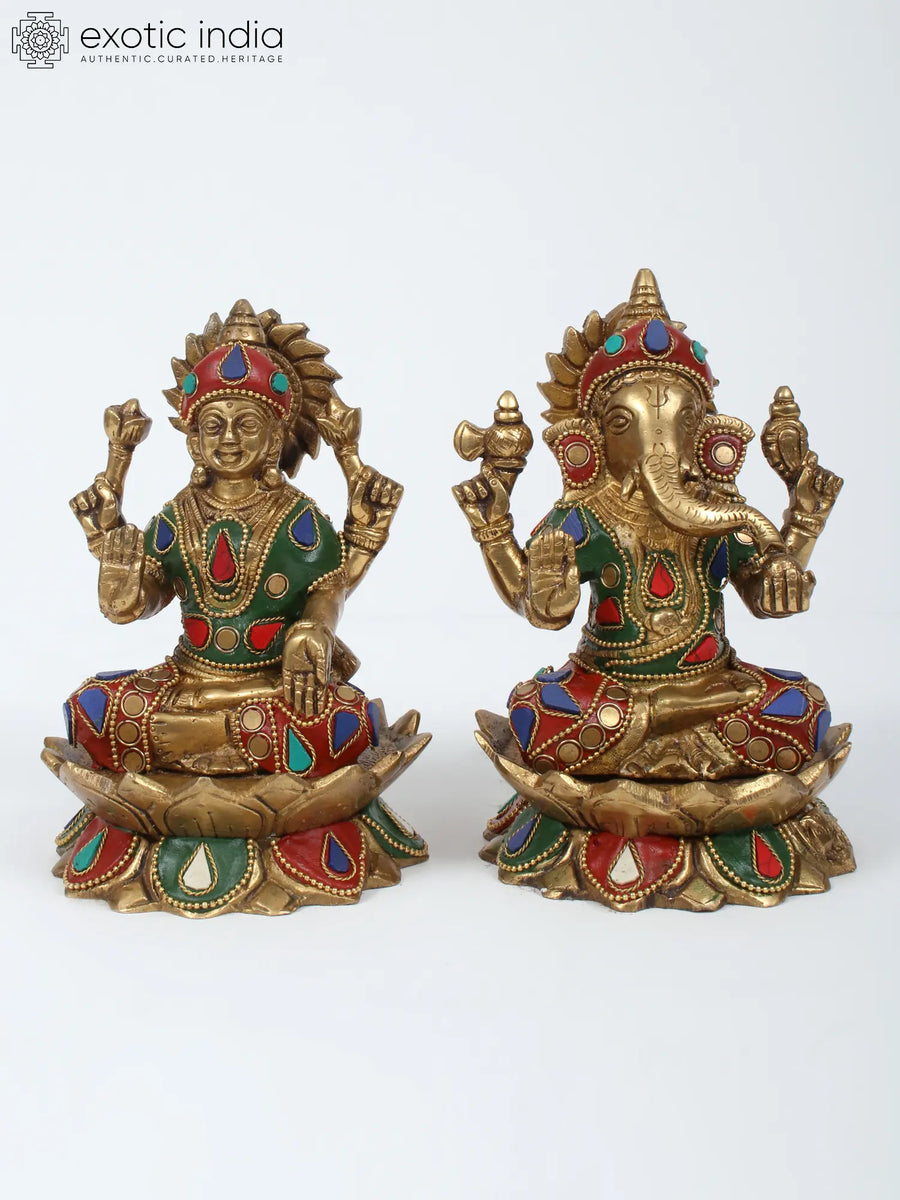 6" Brass Blessing Lakshmi Ganesha Idol with Inlay Work