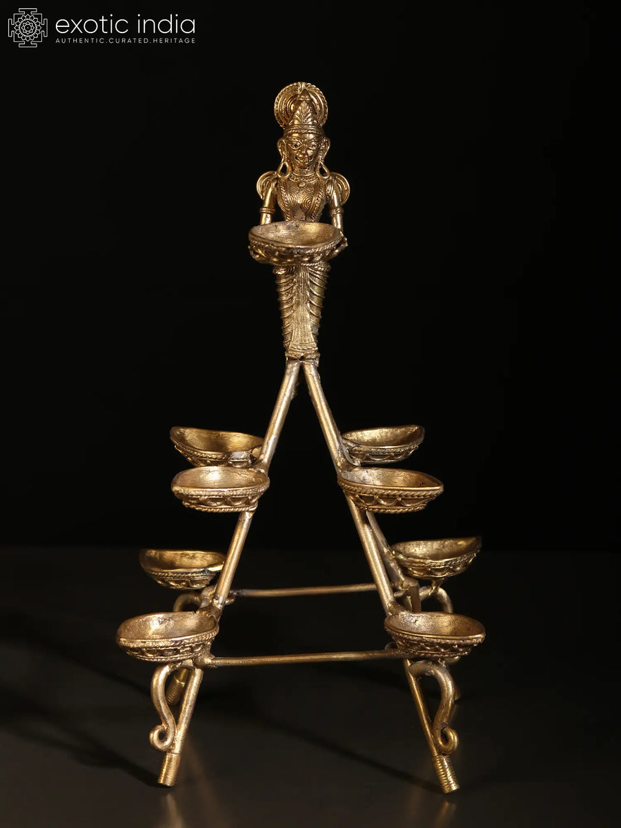 10" Tribal Lakshmi Brass Diya with 9 Wicks Lamp