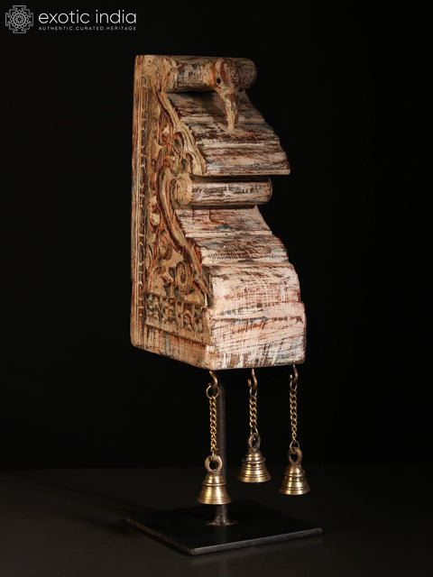 16" Wood Carved Showpiece on Iron Stand with Dangling Bells in Brass | Home Decor