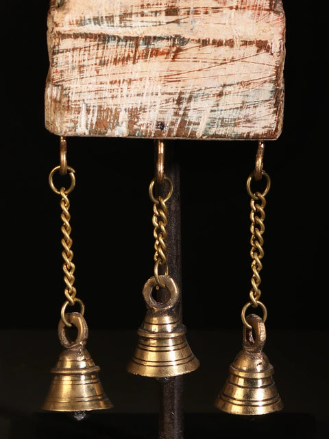 16" Wood Carved Showpiece on Iron Stand with Dangling Bells in Brass | Home Decor