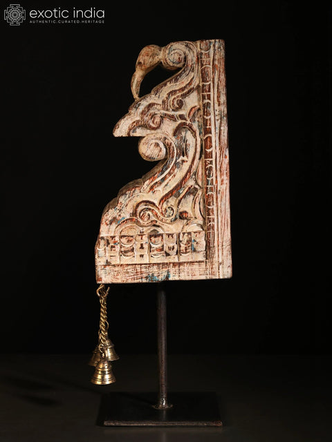 16" Wood Carved Showpiece on Iron Stand with Dangling Bells in Brass | Home Decor