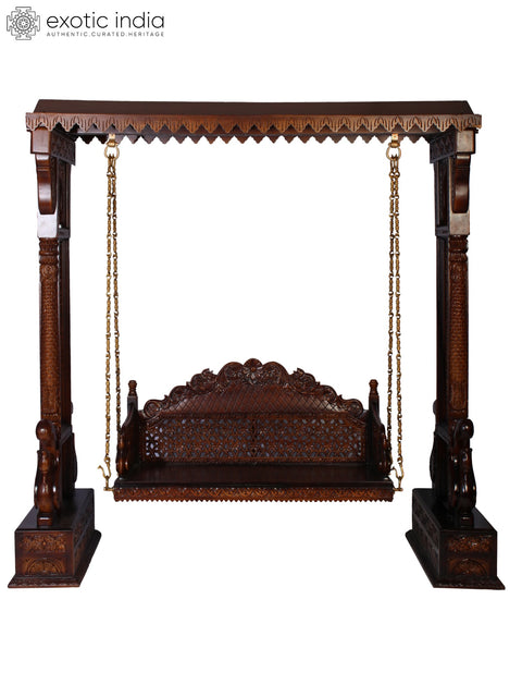 84" Large Wood Carved Designer Swing with Brass Chains | Home Decor