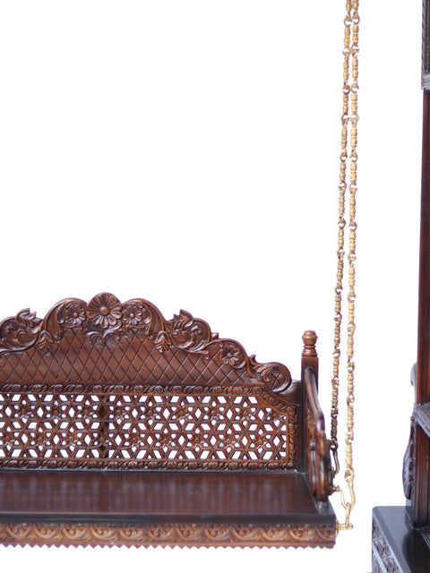 84" Large Wood Carved Designer Swing with Brass Chains | Home Decor