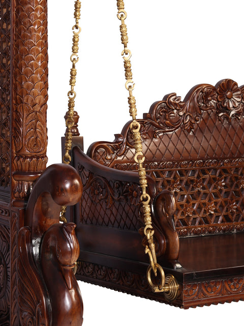 84" Large Wood Carved Designer Swing with Brass Chains | Home Decor