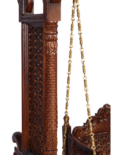 84" Large Wood Carved Designer Swing with Brass Chains | Home Decor