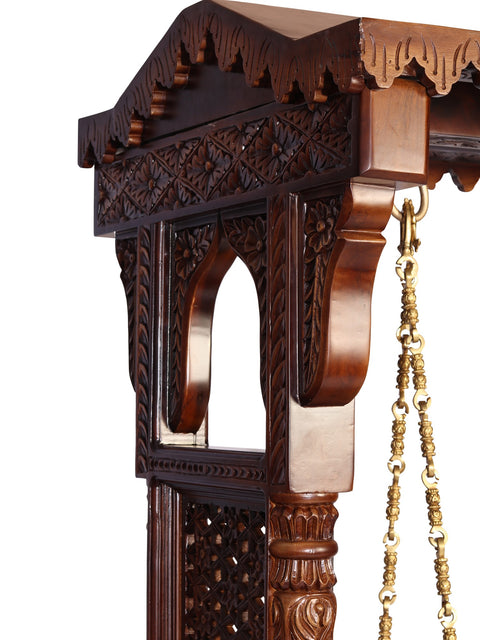 84" Large Wood Carved Designer Swing with Brass Chains | Home Decor