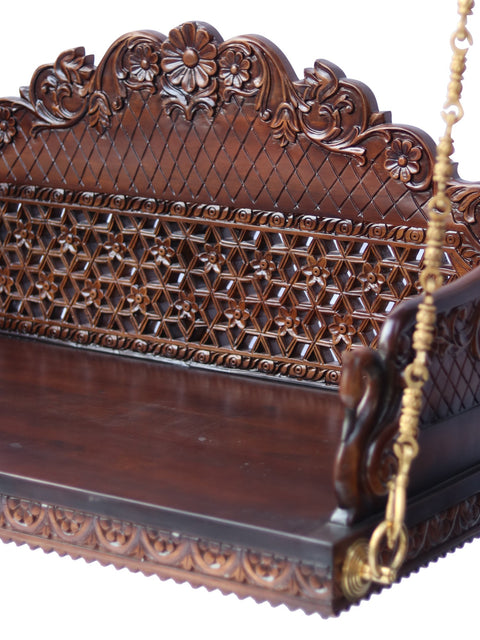 84" Large Wood Carved Designer Swing with Brass Chains | Home Decor