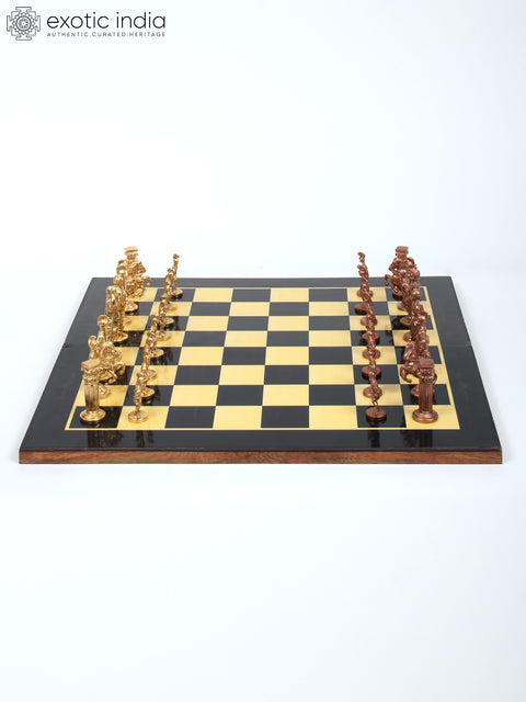 18" Wood Chess Board with Brass Chess Pieces