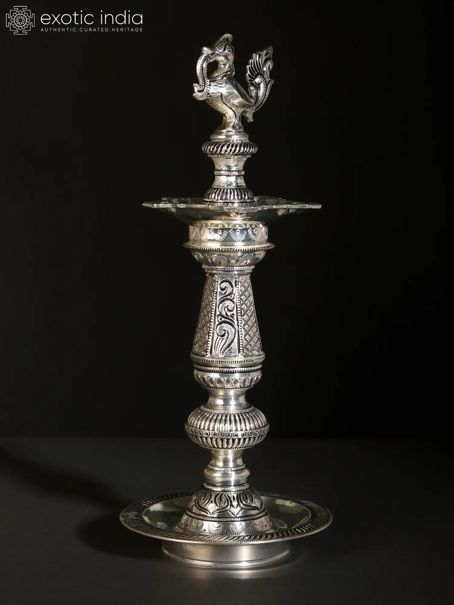 14" Silver Plated Peacock Annam Lamp for Home Decor