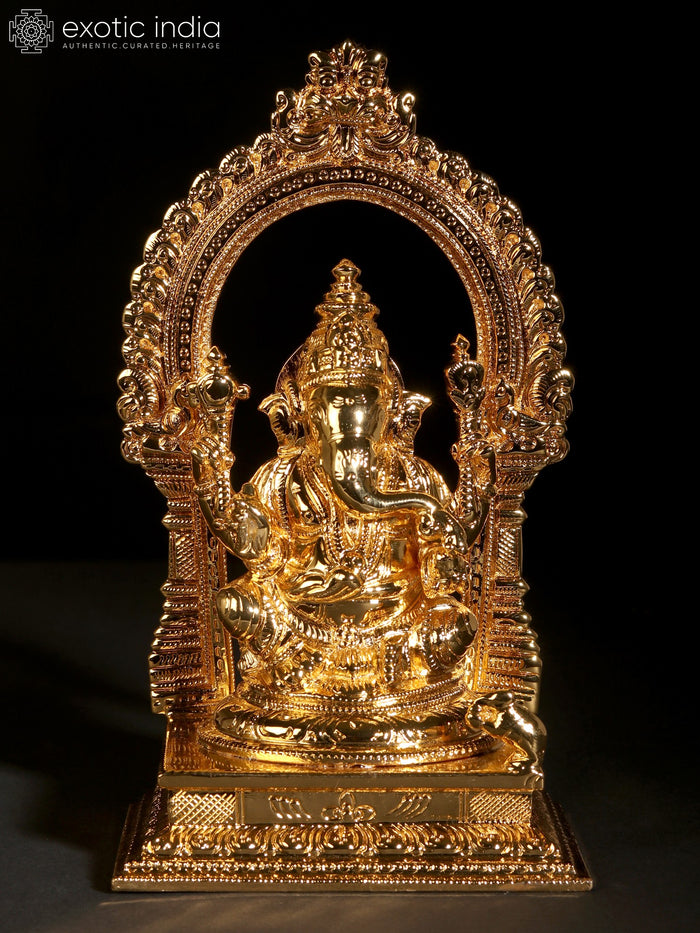8" Four-Armed Ganesha Brass Statue on Throne Gold Plated