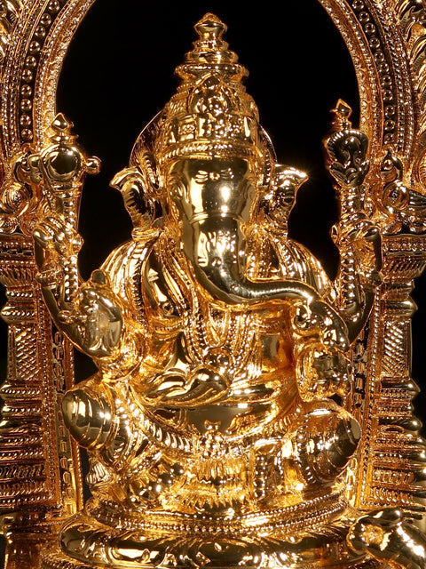8" Chaturbhuj Ganesha Statue Seated on Throne | 24 Karat Gold Coated Brass Idol