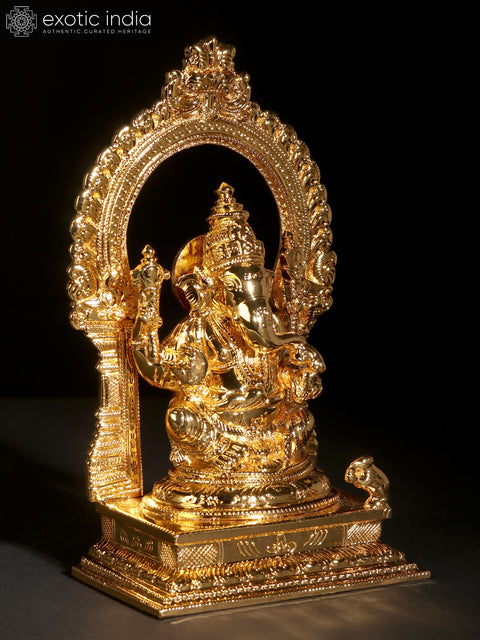 8" Chaturbhuj Ganesha Statue Seated on Throne | 24 Karat Gold Coated Brass Idol