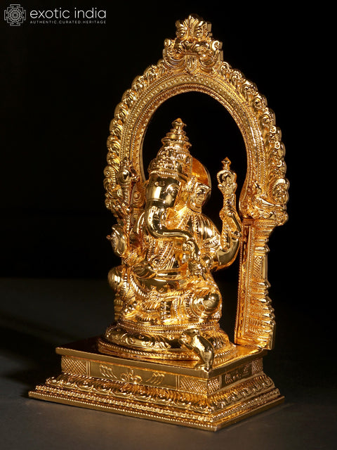 8" Chaturbhuj Ganesha Statue Seated on Throne | 24 Karat Gold Coated Brass Idol