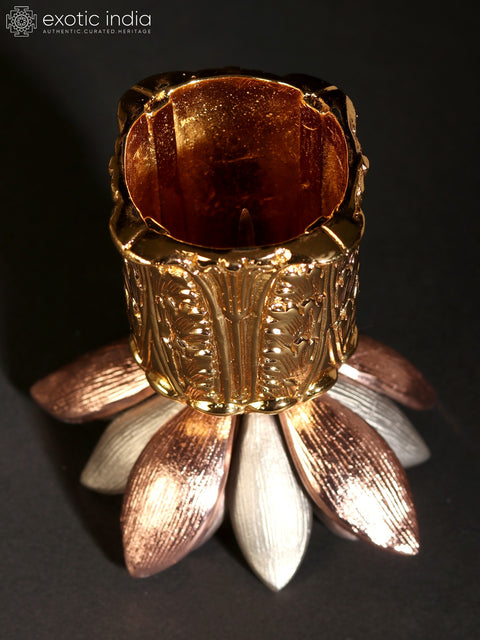 Twin-Head Blooming Lotus on 24 Karat Gold Plated Pedestal