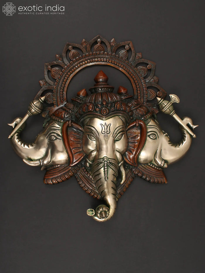 17" Brass Three Headed Ganesha Face Wall Hanging for Home Decor