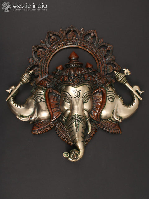 17" Three Headed Ganesha Face Wall Hanging in Brass