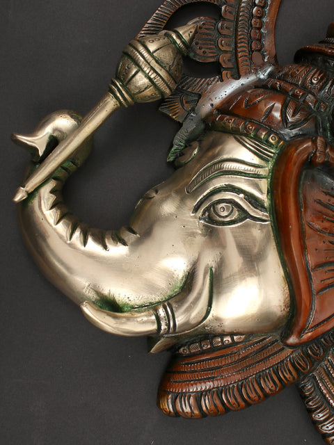 17" Three Headed Ganesha Face Wall Hanging in Brass