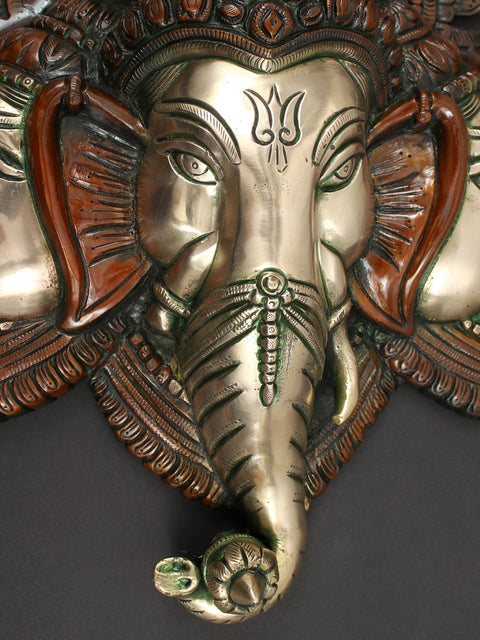 17" Three Headed Ganesha Face Wall Hanging in Brass