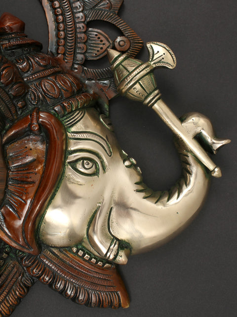 17" Three Headed Ganesha Face Wall Hanging in Brass