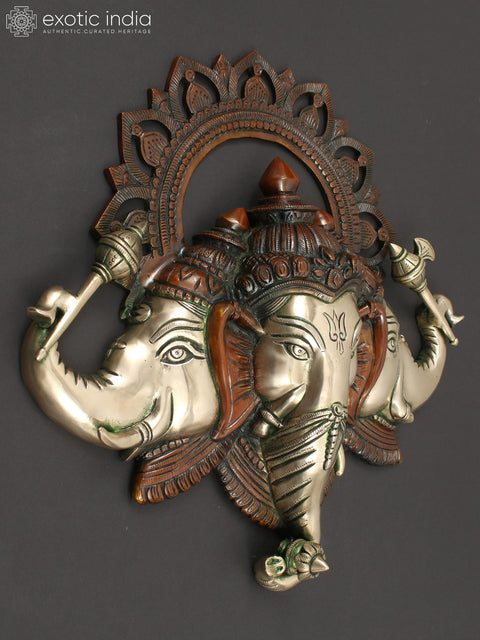 17" Three Headed Ganesha Face Wall Hanging in Brass