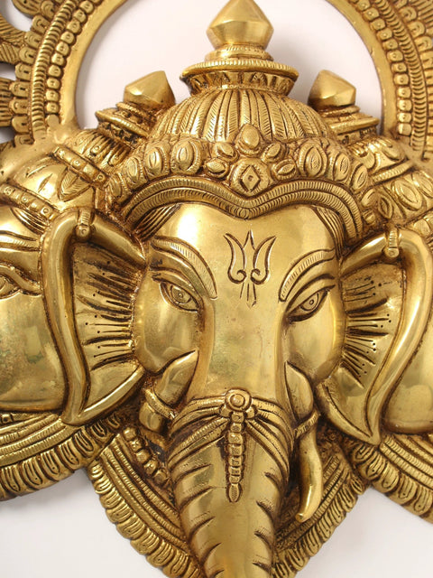 17" Three Headed Ganesha Face Wall Hanging in Brass