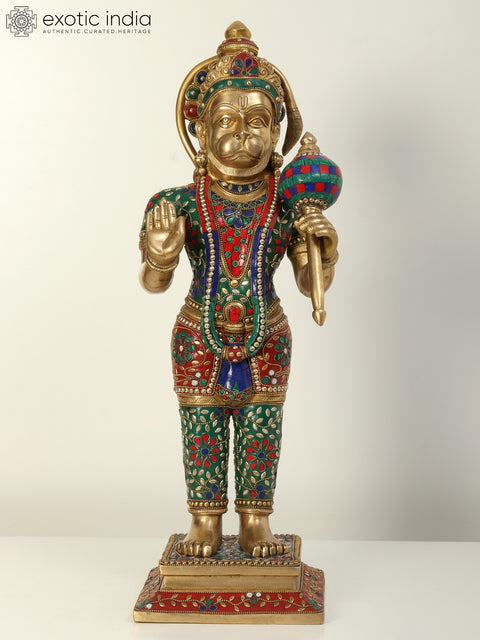 23" Standing Lord Hanuman in Blessing Gesture | Brass Statue with Inlay Work