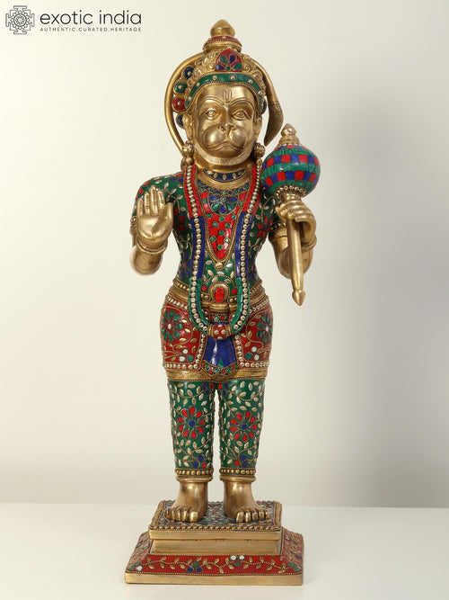 23" Standing Lord Hanuman Blessing Gesture Brass Statue with Inlay