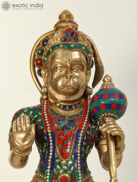23" Standing Lord Hanuman in Blessing Gesture | Brass Statue with Inlay Work