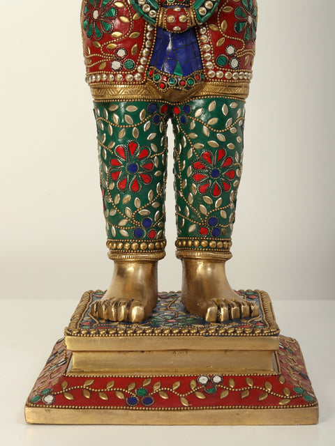 23" Standing Lord Hanuman in Blessing Gesture | Brass Statue with Inlay Work