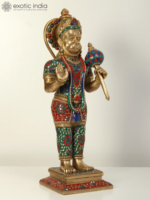 23" Standing Lord Hanuman in Blessing Gesture | Brass Statue with Inlay Work